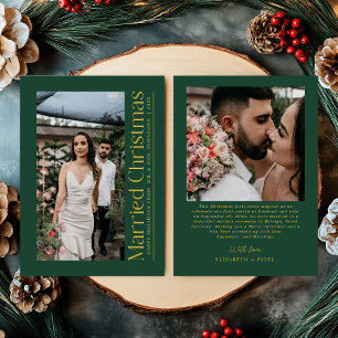 First Married Christmas Photo Newlyweds Green Gold Holiday Card