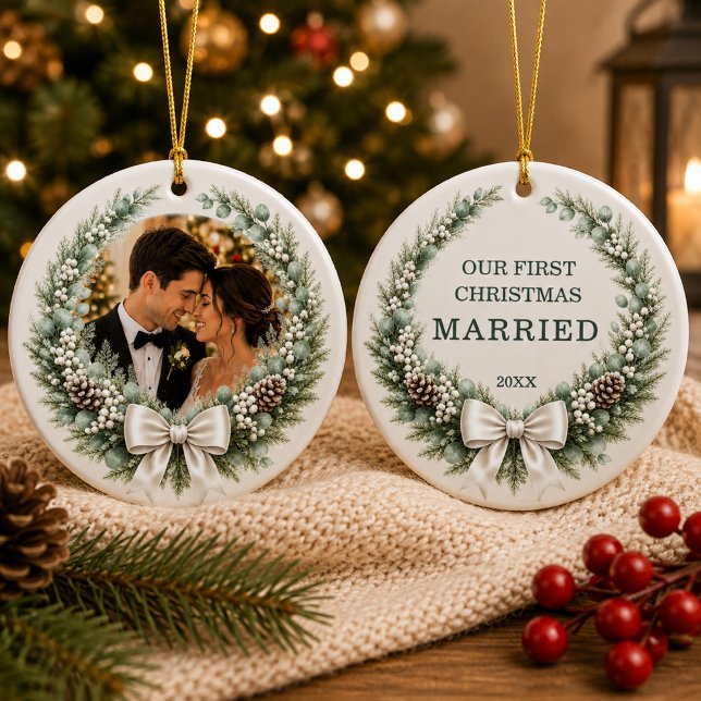 First Married Christmas Photo Wreath Bow Ceramic Tree Decoration (Creator Uploaded)