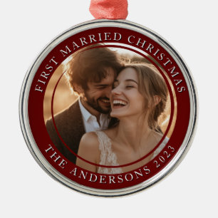 First Married Christmas Red Custom Photo Metal Tree Decoration