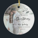 First Married Christmas Script Photo Name Year Ceramic Tree Decoration<br><div class="desc">First Married Christmas Script Photo Name Year. A romantic keepsake to celebrate the special time of your first Christmas as Mr and Mrs and memento in holidays to come. Typography for Christmas and Mr and Mrs is in a set modern script and the rest of the text you can easily...</div>