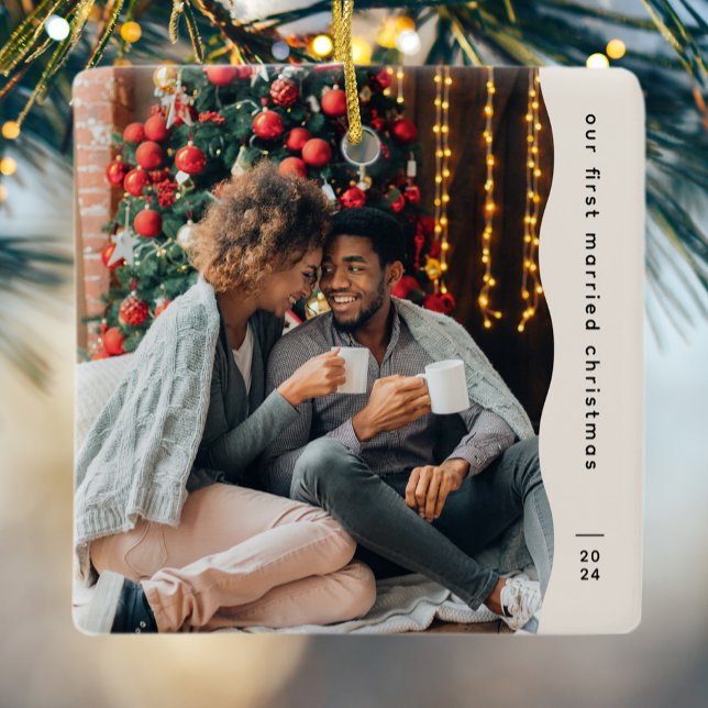 First married Christmas two photo simple  Ceramic Ornament (Creator Uploaded)