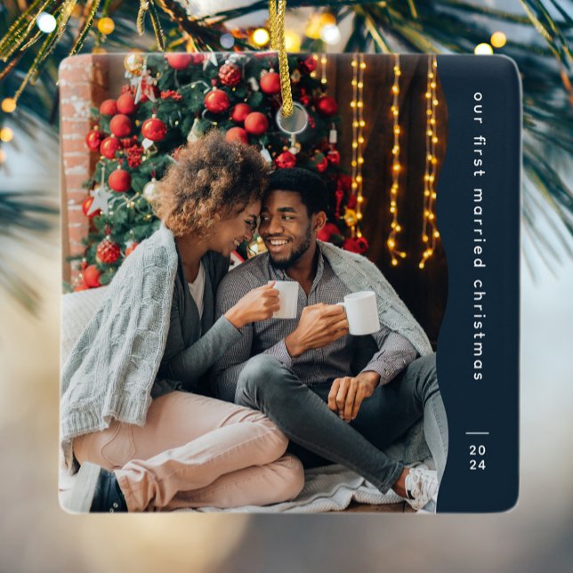 First married Christmas two photo simple navy Ceramic Ornament (Creator Uploaded)
