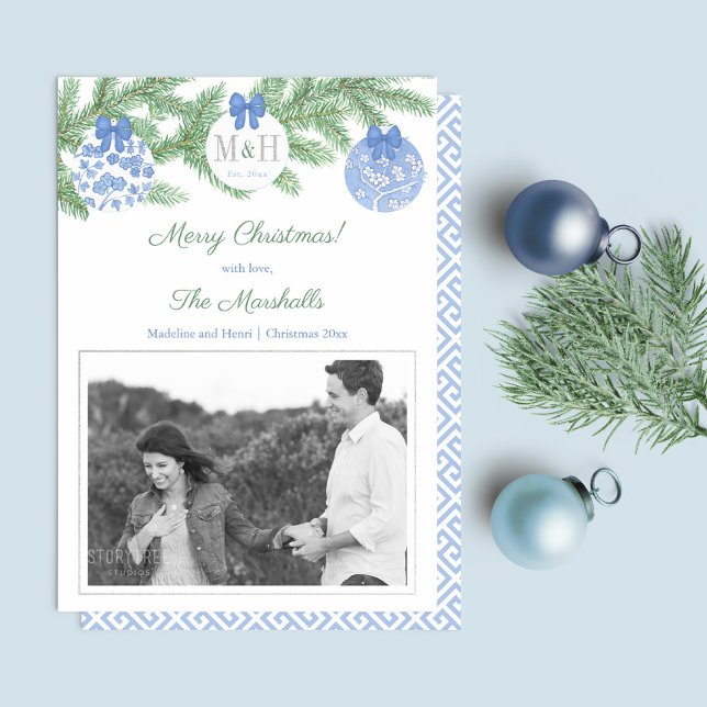 First Married Christmas Watercolor Monogram Gold (Married Christmas Blue White Baubles Fir Tree Silver Foil Details Christmas Holiday Card)