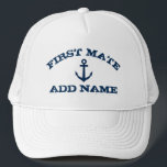 First Mate hats with nautical anchor and name<br><div class="desc">First Mate hat with nautical anchor and custom name. Vintage typography template for sailor's companion. Make your own personalised hat for sailing and boating trips. Navy blue ship anchor symbol with grungy text. Cute Birthday gift idea for partner. Make your own for girlfriend, deck crew, team, yacht owner, mum, aunt,...</div>