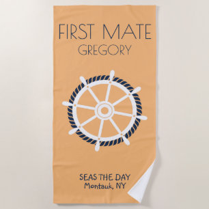 First Mate Nautical Boat Name Custom Ship Wheel Beach Towel