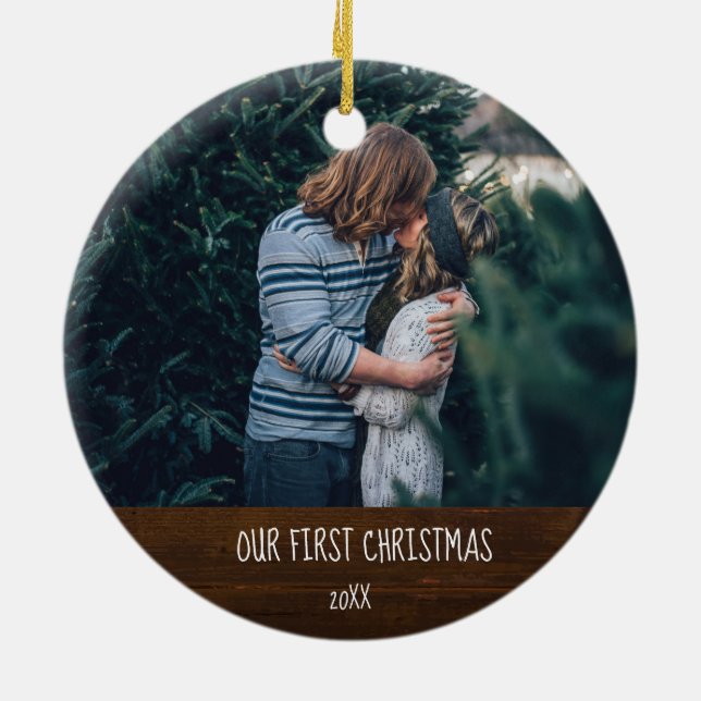 First Merry Christmas Rustic Wood Typography Ceramic Tree Decoration (Back)