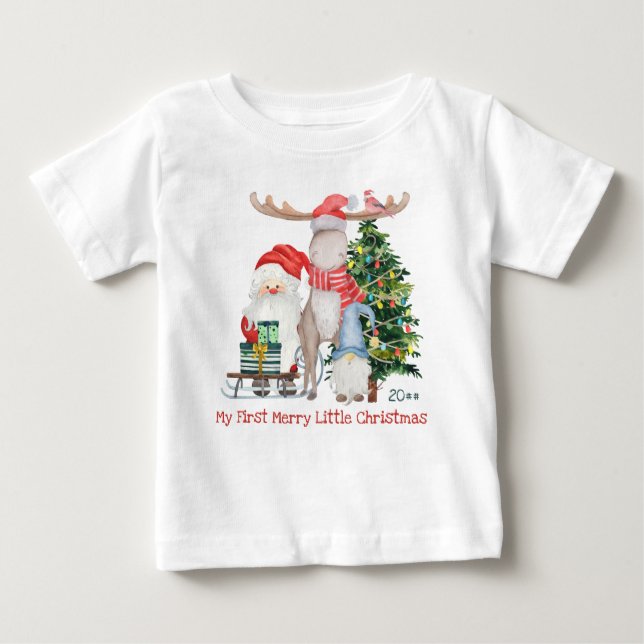 First Merry Little Christmas Cute Santa and Helper Baby T-Shirt (Front)