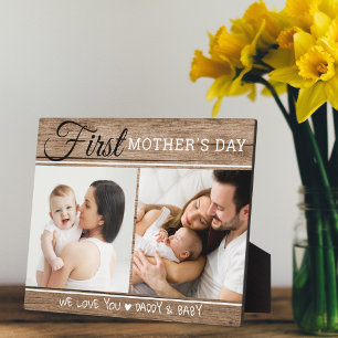 First Mother's Day 2 Photo Collage Rustic Wood Plaque