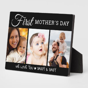 First Mother's Day 3 Photo Collage Black And White Plaque