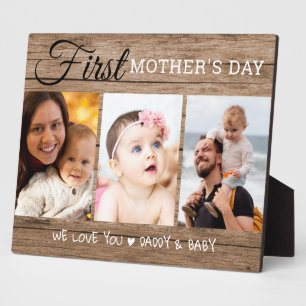 First Mother's Day 3 Photo Collage  Rustic Wood Plaque