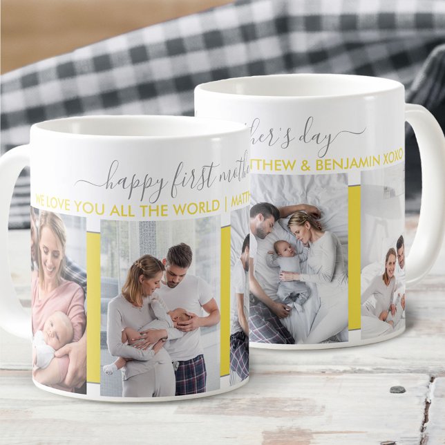 First Mothers Day 4 Photo Grey Yellow Personalised Coffee Mug (Creator Uploaded)