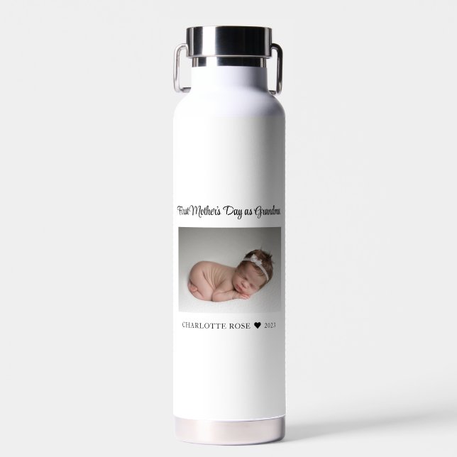 First Mothers Day as Grandma New Baby Photo Water Bottle (Front)