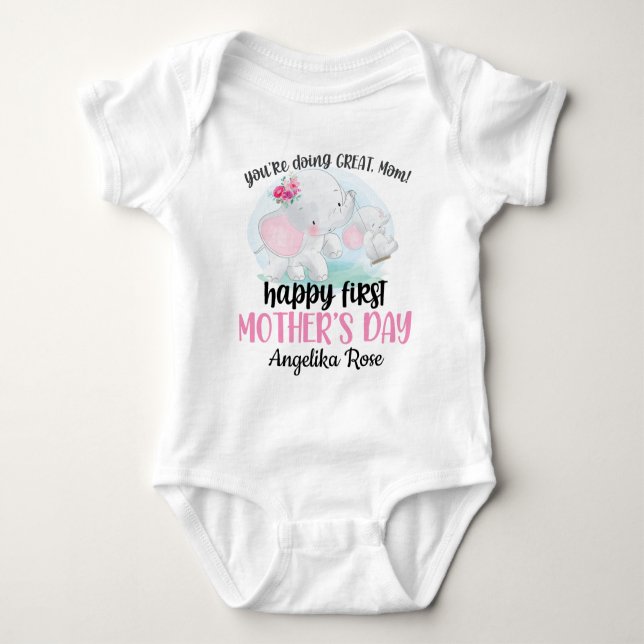 First  Mother's Day Baby Bodysuit with Elephants (Front)