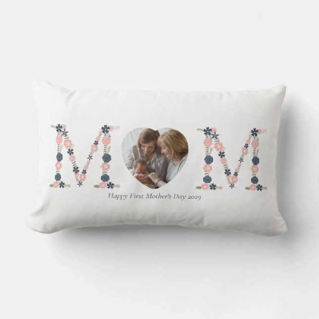 First Mother's Day Blush Pink Navy Floral Letters Lumbar Cushion (Front)