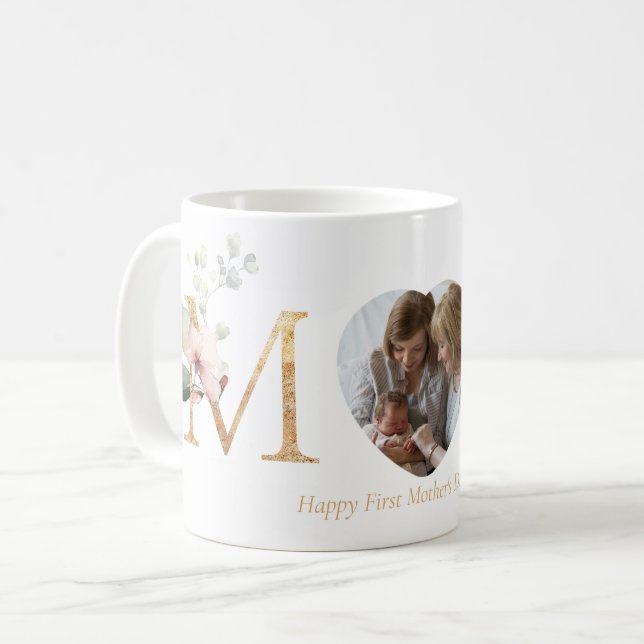 First Mother's Day Botanical Gold Letters Photo Coffee Mug (Front Left)
