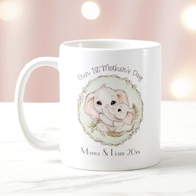 First Mother's Day Boy Green Elephant Personalised Coffee Mug (First Mother's Day Boy Green Elephant Personalized Coffee Mug)