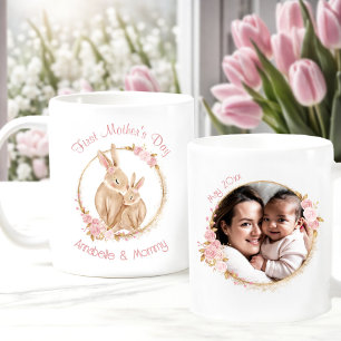 First Mother's Day Bunny Baby Girl Photo Name Pink Coffee Mug