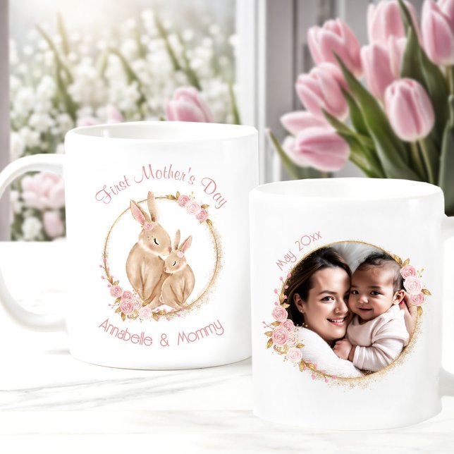 First Mother's Day Bunny Baby Girl Photo Name Pink Coffee Mug (First Mother's Day Cute Bunnies Baby Girl Photo Coffee Mug)