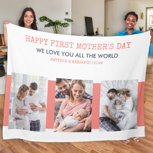 First Mothers Day Coral White and Blue 3 Photo Fleece Blanket
