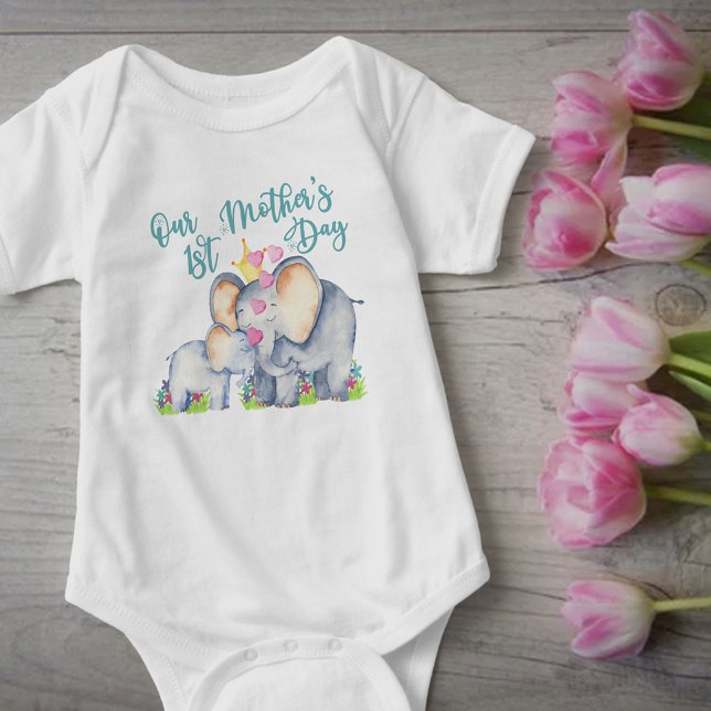First Mothers Day Cute Mummy and Baby Elephant Baby Bodysuit (Creator Uploaded)