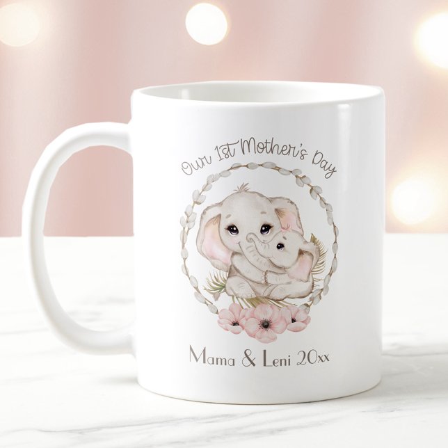 First Mother's Day Girl Elephant Personalised Name Coffee Mug (First Mother's Day Girl Elephant Personalized Name Coffee Mug)