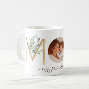 First Mother's Day Gold Botanical Letters Photo Coffee Mug