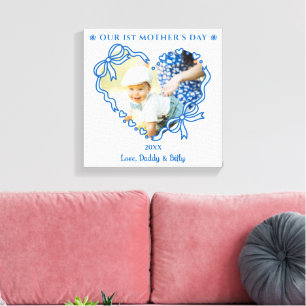 First Mother's Day Photo Heart Frame Baby Blue Bow Canvas Print