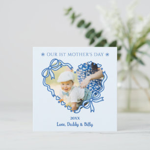 First Mother's Day Photo Heart Frame Baby Blue Bow Holiday Card