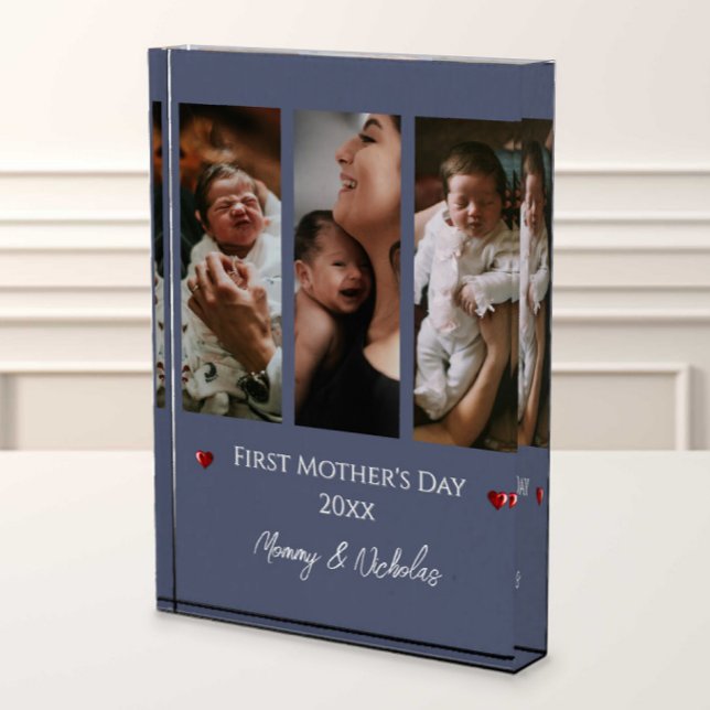 First Mother's Day Three Photo Collage Blue (Blue First Mother's Day Three Photo Collage Photo Block)