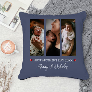 First Mother's Day Three Photo Collage Blue Cushion