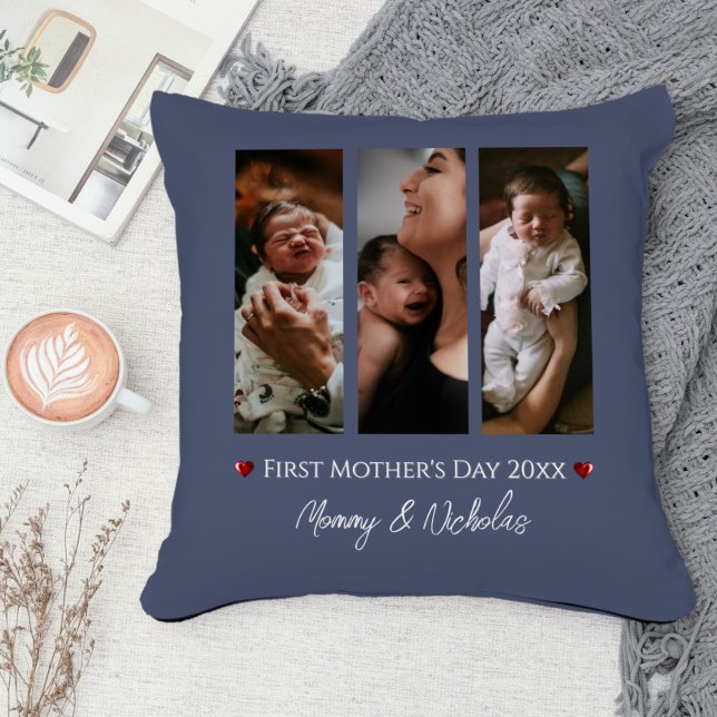 First Mother's Day Three Photo Collage Blue Cushion (Blue First Mother's Day Three Photo Collage Throw Pillow)