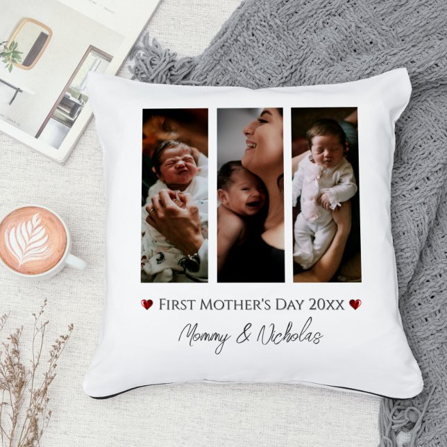 First Mother's Day Three Photo Collage  Cushion (White First Mother's Day Three Photo Collage Throw Pillow)