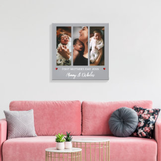 First Mother's Day Three Photo Collage | Grey Canvas Print
