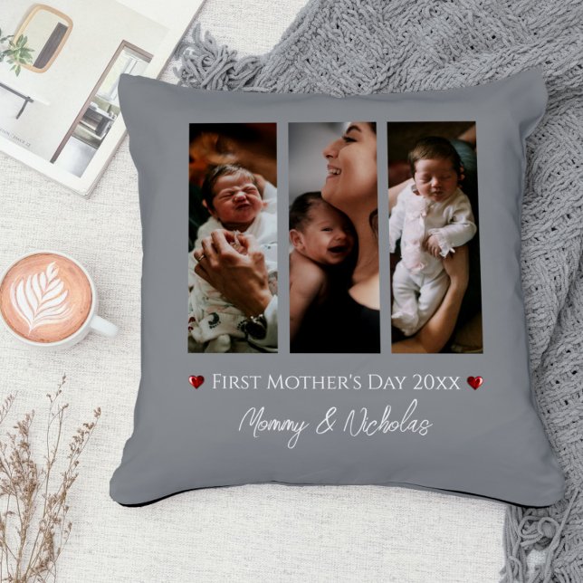 First Mother's Day Three Photo Collage | Grey Cushion (Gray First Mother's Day Three Photo Collage Throw Pillow)