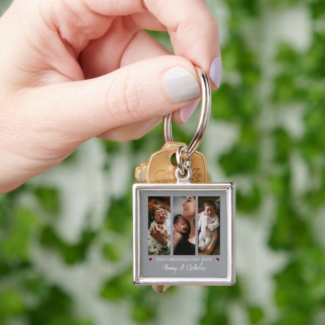 First Mother's Day Three Photo Collage | Grey Key Ring (Hand)