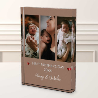 First Mother's Day Three Photo Collage Mocha Brown Block