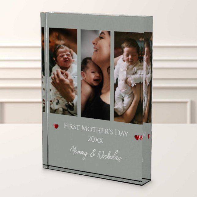 First Mother's Day Three Photo Collage Sage Green (Sage Green First Mother's Day Three Photo Collage Photo Block)