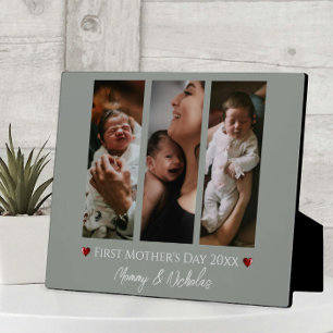 First Mother's Day Three Photo Collage Sage Green Plaque