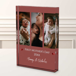 First Mother's Day Three Photo Collage Terracotta Block
