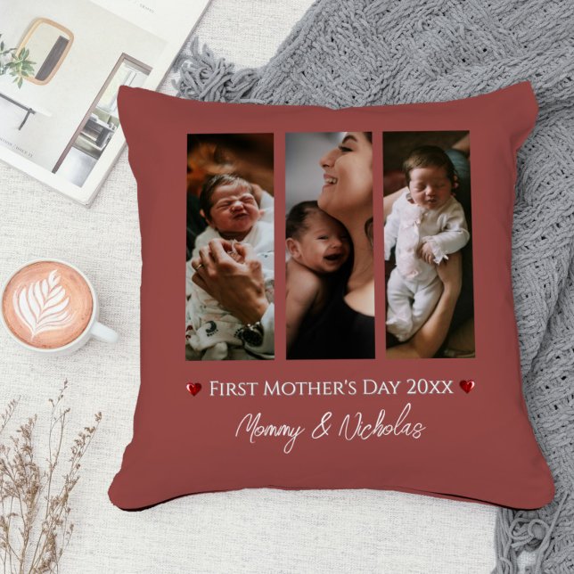 First Mother's Day Three Photo Collage Terracotta Cushion (Terracotta First Mother's Day Three Photo Collage Throw Pillow)