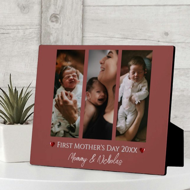 First Mother's Day Three Photo Collage Terracotta Plaque (Terracotta First Mother's Day Three Photo Collage Plaque)