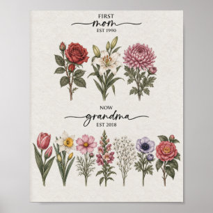 First Mum To Grandma Pink And Blue Birth Flower Po Poster