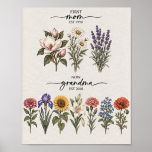 First Mum To Grandma Pink And Purple Birth Flower Poster