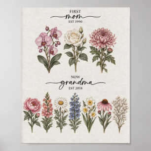 First Mum To Grandma Red And Blue Birth Flower Pos Poster