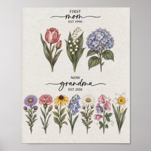 First Mum To Grandma White And Pink Birth Flower P Poster