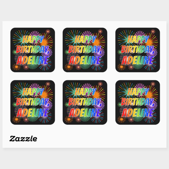 First Name "ADELINE", Fun "HAPPY BIRTHDAY" Square Sticker (Sheet)