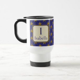 First Name Blue Gold Stars Monogram Initial  Travel Mug