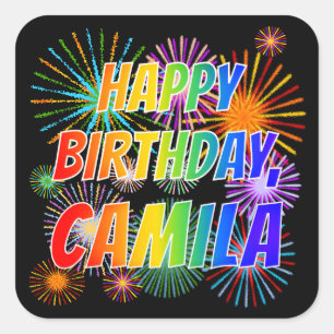 First Name "CAMILA", Fun "HAPPY BIRTHDAY" Square Sticker