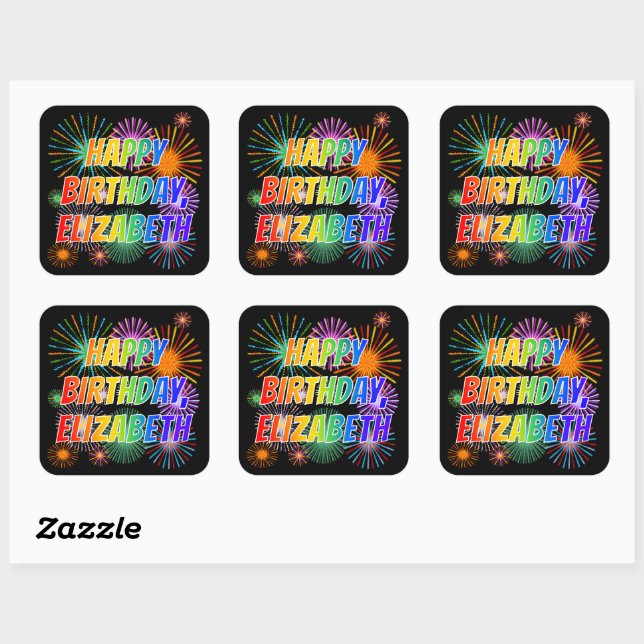 First Name "ELIZABETH", Fun "HAPPY BIRTHDAY" Square Sticker (Sheet)