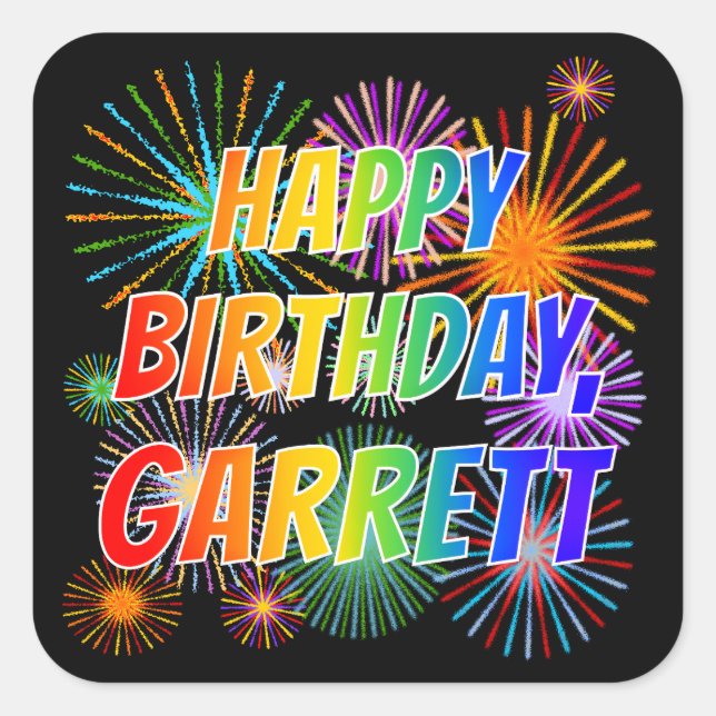 First Name "GARRETT", Fun "HAPPY BIRTHDAY" Square Sticker (Front)